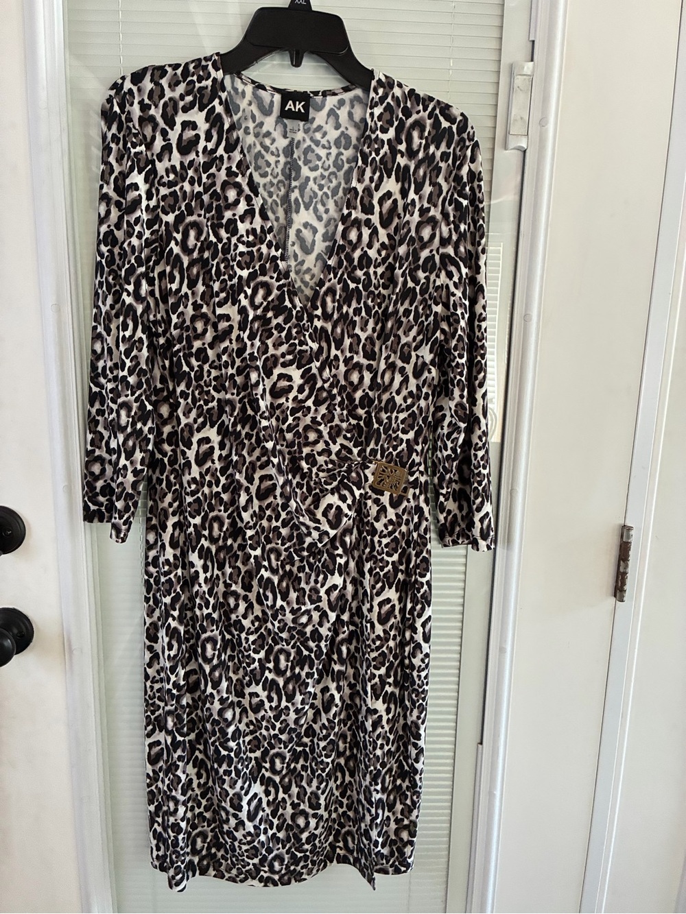 Anne Klein Long Sleeve Leopard Wrap Dress in Black & Cream